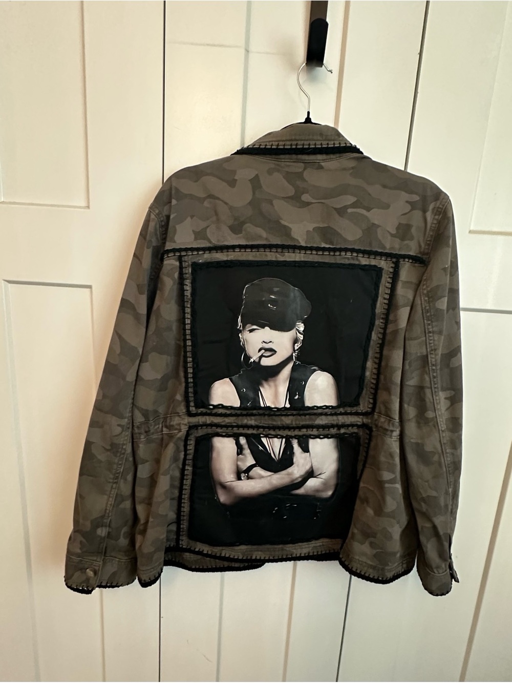 Express Olive Utility Jacket with Black Crochet Trim and Madonna upcycle